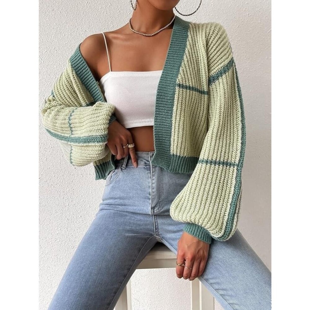 Color Block Crop Cardigan Bishop Long Sleeve Striped Open Front Sweater Green M